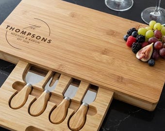 Personalized Bamboo Charcuterie Board with Knife Set, Custom Engraved Wedding Gift for Couples