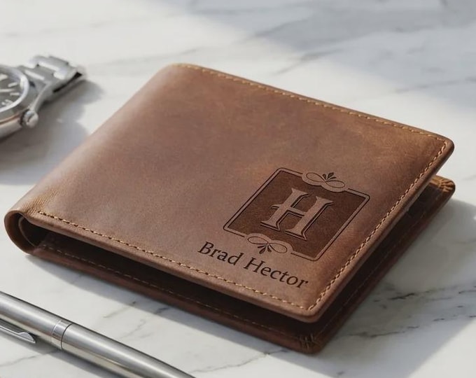Personalized Genuine Leather Wallet for Men, Custom Engraved Crazy Horse Bifold, Father's Day Gift