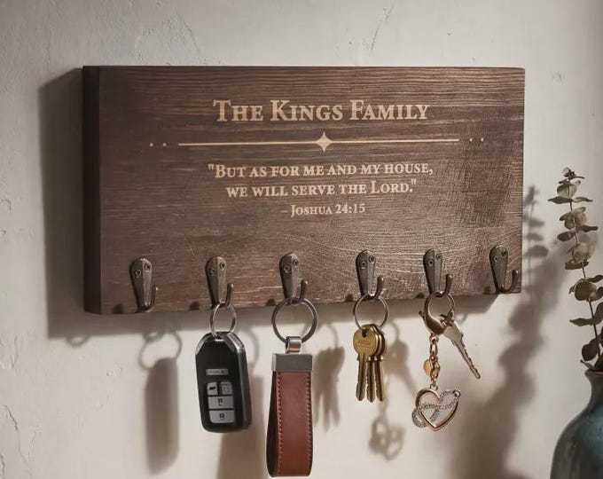 Personalized Bible Verse Key Hanger - Engraved Rustic Wood Religious Entryway Organizer