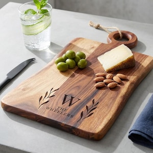 Personalized Acacia Wood Cutting Board, Custom Engraved Cheese Board with Handle, Monogrammed Live Edge Gift For The Couple