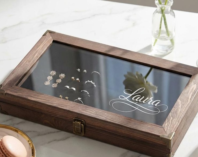 Personalized Jewelry Box with Glass Lid, Engraved Ring & Earring Organizer (66 Slots), Gift for Her, Mom, Wife