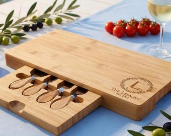Personalized Bamboo Cheese Board and Knife Set - Custom Engraved Charcuterie Serving Tray - Wedding, Housewarming Gift, Christmas Gift