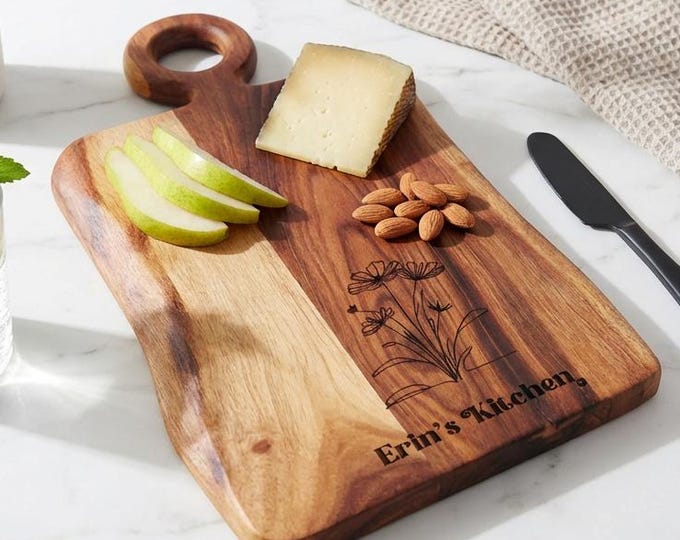 Personalized Wildflower Live Edge Cutting Board, Custom Wood Serving Tray with Handle