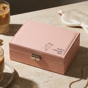 Personalized Pink Jewelry Case, Custom Flower Engraved Organizer, Trinket Box for Mother's Day