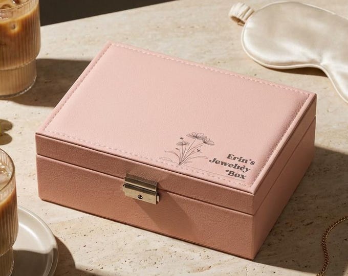 Personalized Pink Jewelry Case, Custom Flower Engraved Organizer, Trinket Box for Mother's Day
