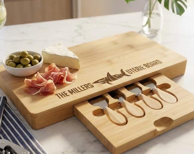 Personalized Shark Charcuterie Board with Knife Set, Custom Engraved Bamboo Cheese Board