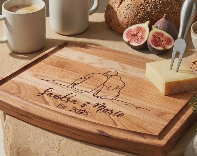Personalized Couple Wood Cutting Board, Custom Engraved Line Art Wedding Gift, Arched Charcuterie Tray