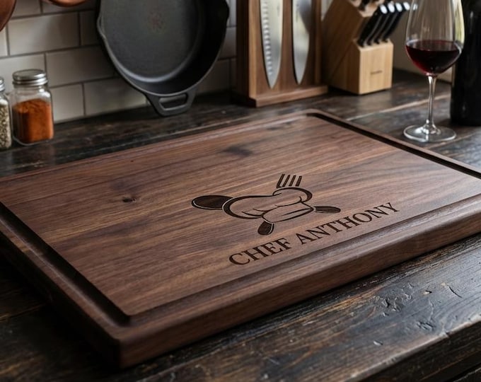 Personalized Cutting Board for Chef, Custom Walnut Wood Platter, Engraved Hat Culinary Keepsake