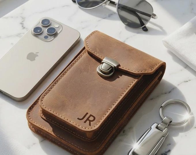 Personalized Crazy Horse Leather Phone Belt Case, Custom Engraved Double Pouch Holster for Men
