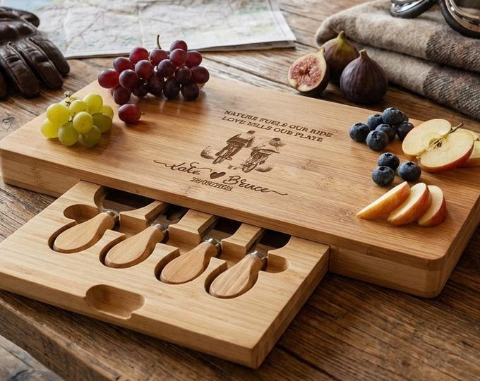 Personalized Biking Couple Gift | Custom Bicycle Charcuterie Board Set & Cycling Wedding Present