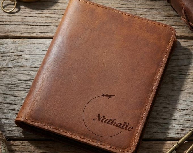Personalized Genuine Leather Passport Cover, Custom Engraved Distressed Travel Wallet, Executive Gift