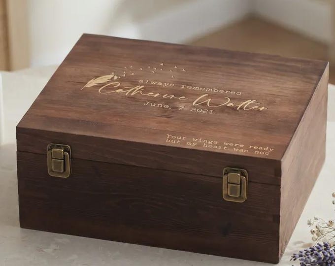 Personalized Wood Memorial Keepsake Chest - Engraved Sympathy Bereavement Box - Feather Wings Design