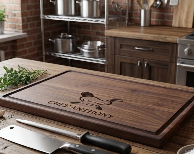 Personalized Charcuterie Board: Chef Hat Engraved Cutting Board, Walnut Cherry Acacia
