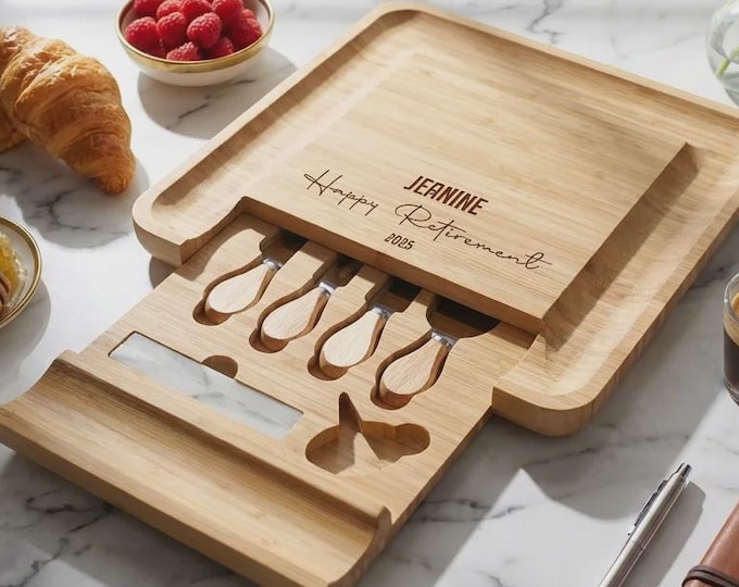 Personalized Bamboo Charcuterie Board with Knife Set, Custom Engraved Retirement Gift