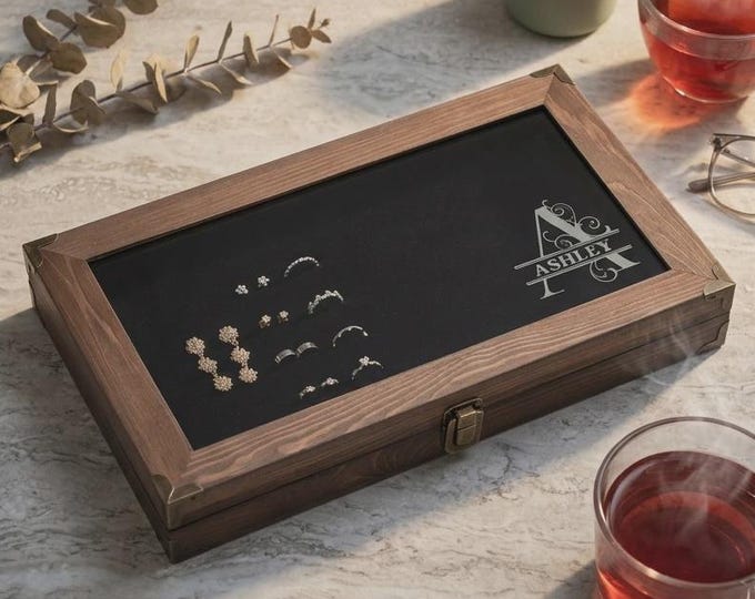 Personalized Wood Jewelry Box with Glass Lid, Custom Monogram Earring Organizer, Bridesmaid Gift
