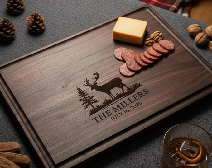 Engraved Elk & Pine Tree Cutting Board – Personalized Rustic Kitchen Board, Custom Xmas Wedding Housewarming Host Gift