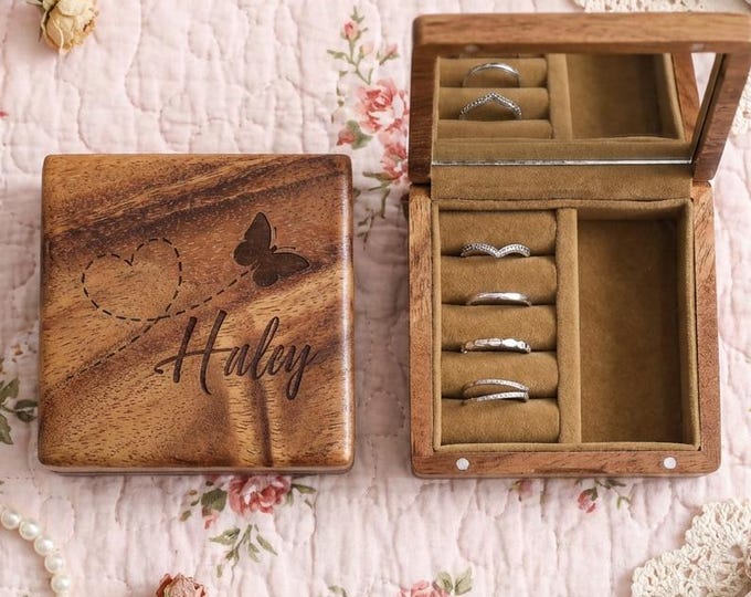 Personalized Butterfly Wood Jewelry Box - Custom Engraved Travel Organizer Mirror Case, Gift For Her