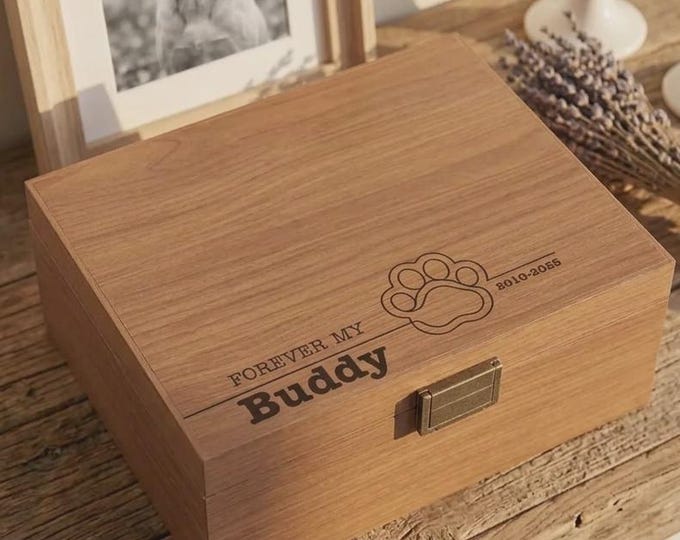 Personalized Wood Pet Memorial Keepsake Box, Custom Engraved Wooden Memory Chest