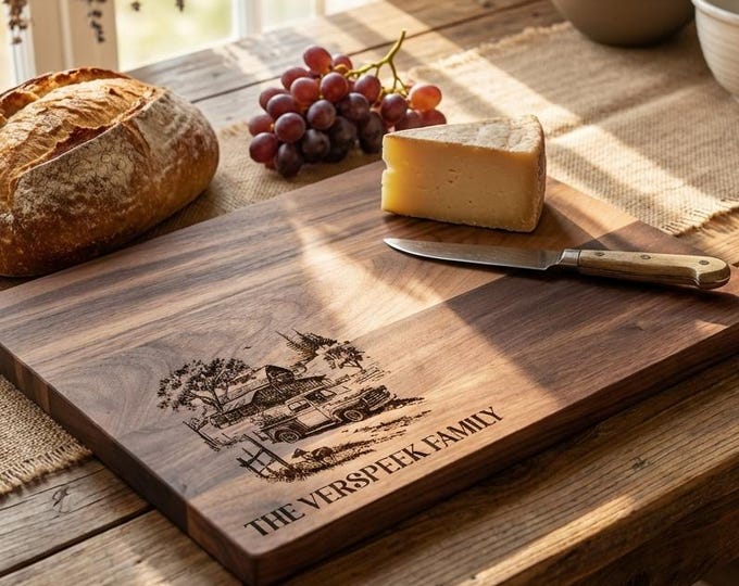 Personalized Farmhouse Cutting Board | Custom Homestead Ranch Gift & Walnut Charcuterie Platter with Vintage Truck