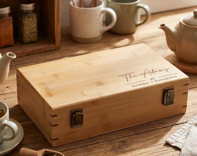 Personalized Bamboo Tea Box | Custom Family Name Tea Organizer & Wedding Gift for Couple