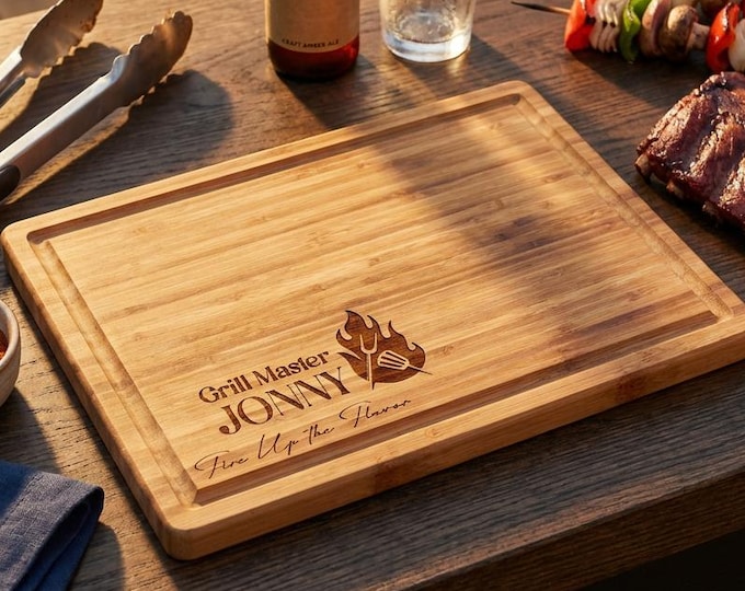 Personalized Grill Master Cutting Board, Custom Engraved Bamboo Butcher Block for Men