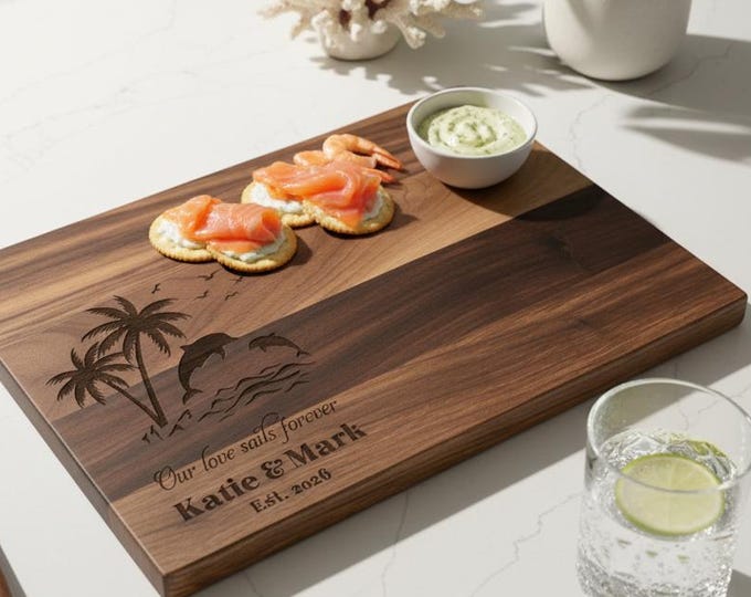 Personalized Cutting Board – Beach Themed: Custom Engraved Charcuterie Board, Ocean, Palm Trees, Dolphins Swimming, Beach House Gift