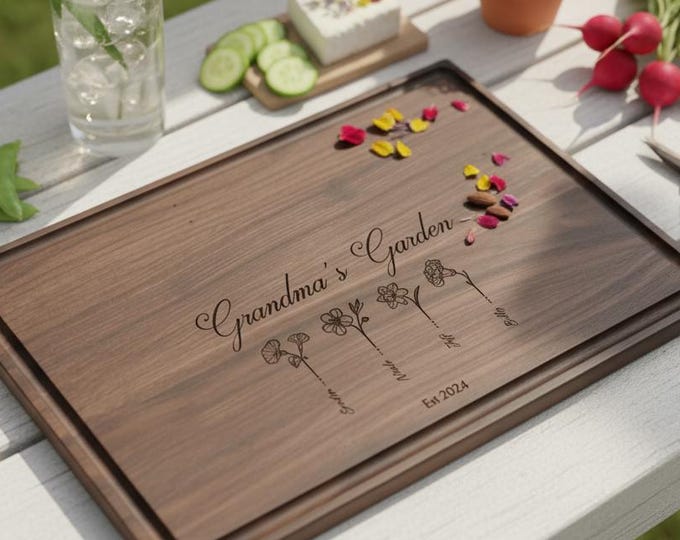 Personalized Cutting Board, Birth Flowers: Custom Engraved Charcuterie Board, Grandma Gift, Gift for Her, Moms Gift, Grandmas Garden