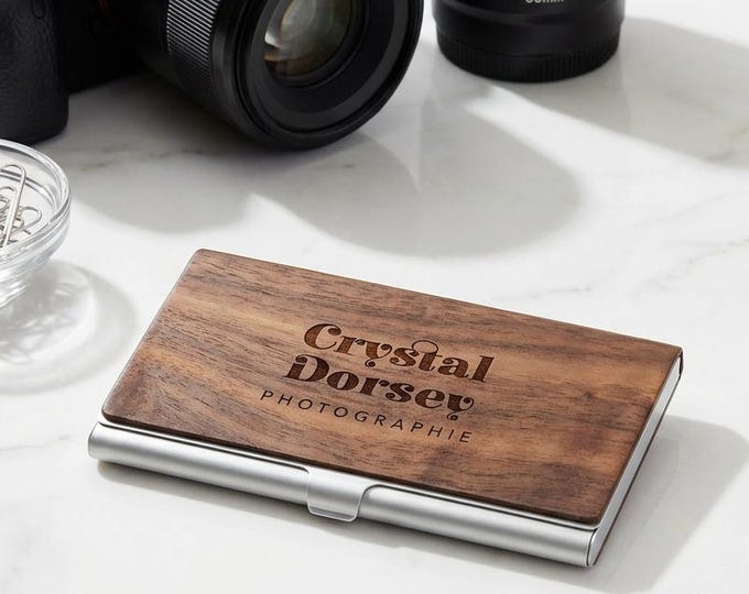 Personalized Wood Business Card Holder, Custom Engraved Maple or Walnut Case, Executive Gift