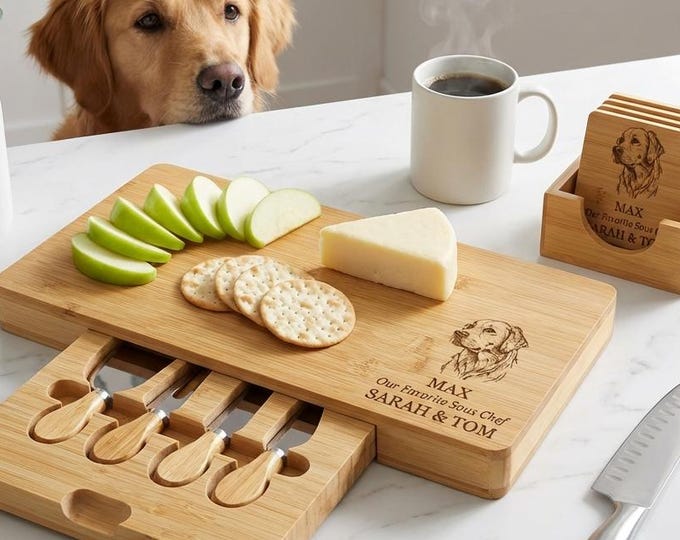 Personalized Dog Portrait Charcuterie Board with Knife Set, Custom Pet Photo Engraved Bamboo Cheese Platter