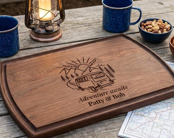 Camping Gift for Couple | Personalized Cutting Board & "Adventure Awaits" Camper Van Decor