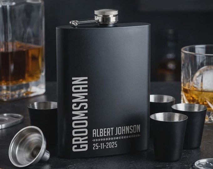 Personalized 8oz Black Flask Set with 4 Shot Glasses and Funnel, Custom Engraved Groomsmen Gift, Present for Him