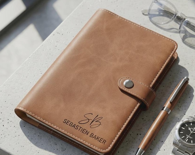 Personalized Vegan Leather 6 Ring Binder, Custom Refillable Planner for Men, Executive Gift