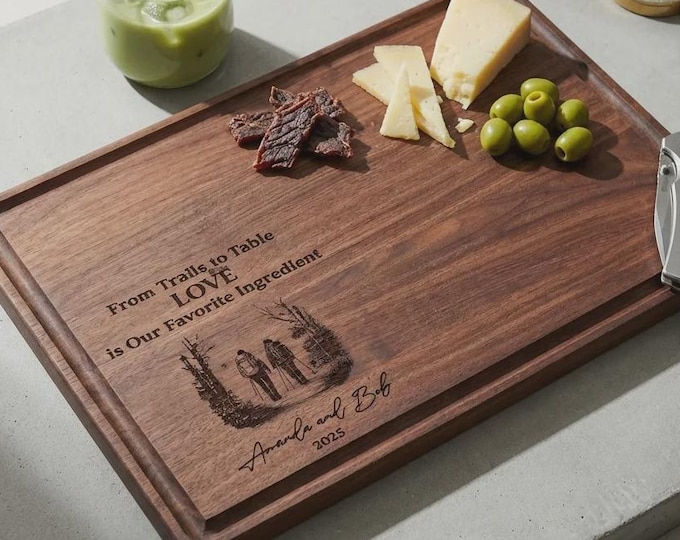 Personalized Hiking Wood Cutting Board, Custom Engraved Charcuterie Tray, Adventure Wedding Gift