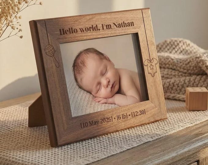 Personalized Newborn Wood Picture Frame, Custom Birth Stats Engraved Photo Holder, Baby Gift
