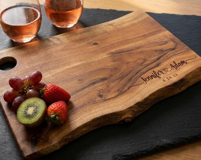 Personalized live edge cutting board, custom laser engraved board, housewarming gift, Gift for the couple, wedding gift, Christmas gift