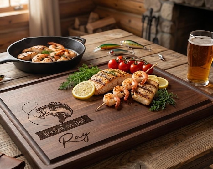 Personalized Cutting Board for Dad – Perfect Father's Day Gift – Engraved with Custom Name for a Unique Touch – Fishing Lover Birthday Gift