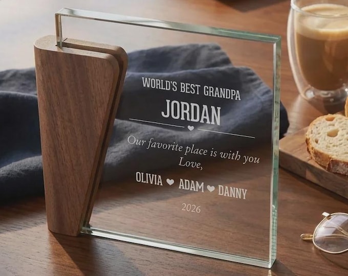 Personalized Glass Award for Grandpa, Custom Engraved Walnut Wood Plaque, Desktop Gift for Men