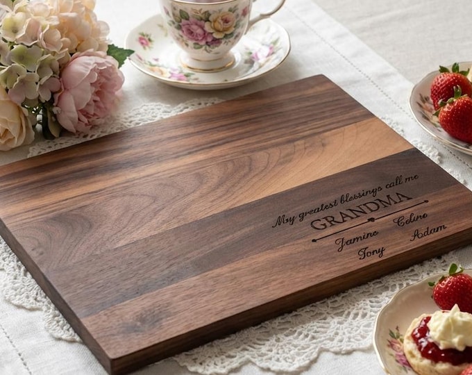 Grandma Gift from Grandkids | Personalized Cutting Board & "Greatest Blessings" Walnut Platter