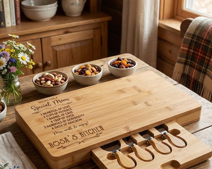 Personalized Bamboo Cheese Board Set | "Recipe for a Special Mom" Charcuterie Platter with Knives