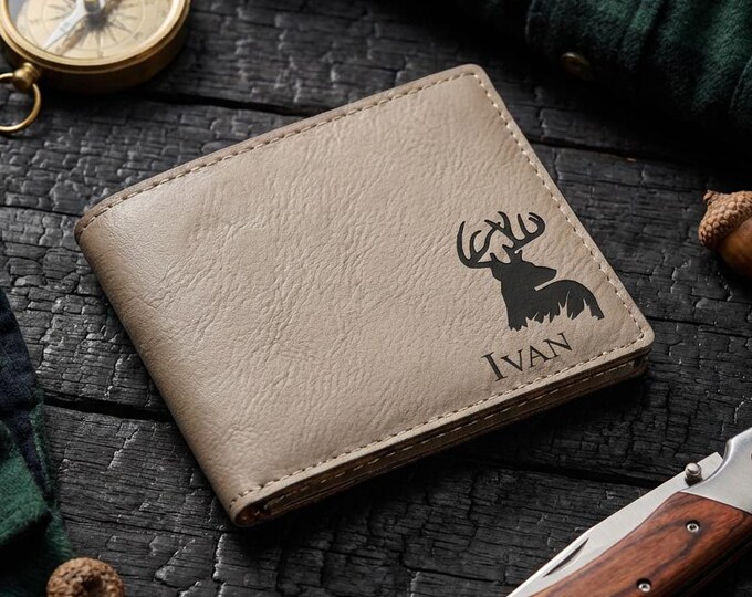 Personalized Men’s Wallet – Custom Engraved Vegan Leather Wallet with Elk Design, Father’s Day, Birthday & Graduation Gift