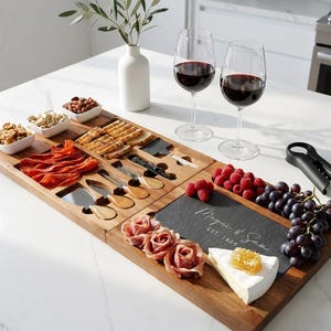 Personalized Modular Acacia Charcuterie Board Set - Custom Slate Cheese Platter with Knives and Bowls