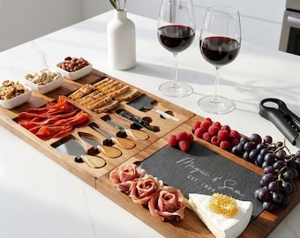 Personalized Modular Acacia Charcuterie Board Set - Custom Slate Cheese Platter with Knives and Bowls