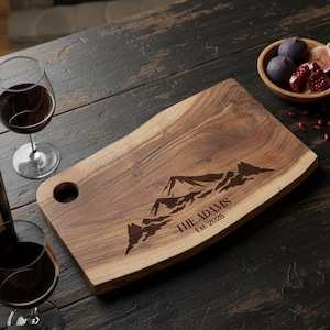 Personalized live edge cutting board - Mountain Ranges: Rustic Engraved Charcuterie Board for Couples, Adventure Seekers, cottage gift