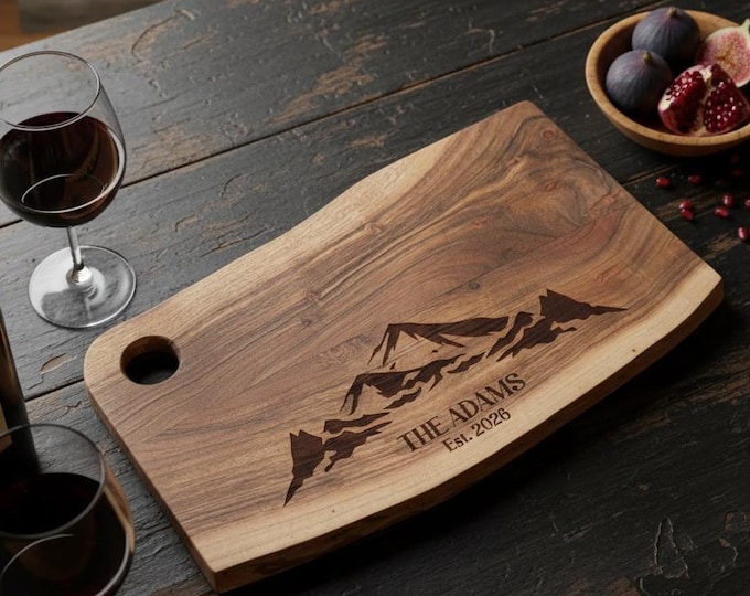 Personalized live edge cutting board - Mountain Ranges: Rustic Engraved Charcuterie Board for Couples, Adventure Seekers, cottage gift