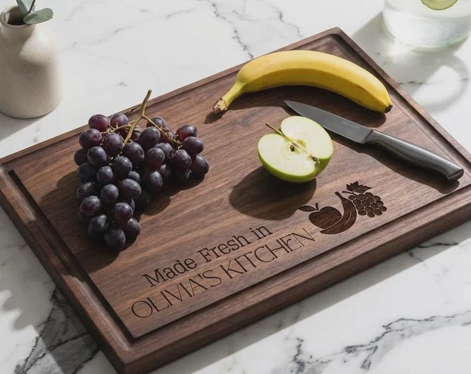 Personalized Walnut Cutting Board for Mom, Custom Engraved Fruit Theme Charcuterie Tray