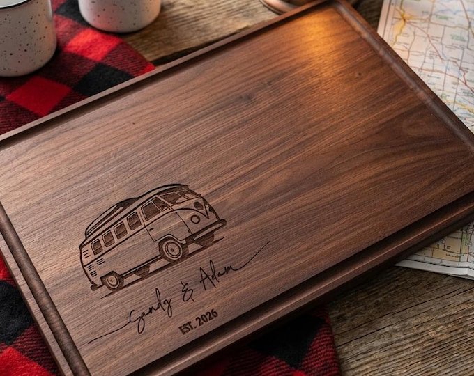 Personalized Charcuterie Board – Camping Couple: Custom Cutting Board, Gift For Nature Lovers, Kitchen Decor, Van Campers, Housewarming