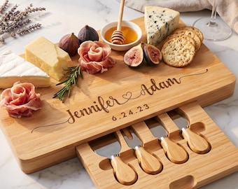 Personalized Cheese Board Set with Knives | Custom Bamboo Charcuterie Platter & Romantic Wedding Gift for Couple