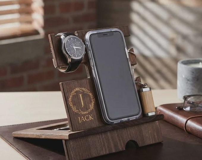 Personalized Wood Docking Station for Men, Custom Engraved Desk Organizer with Watch Stand, Father's Day Gift