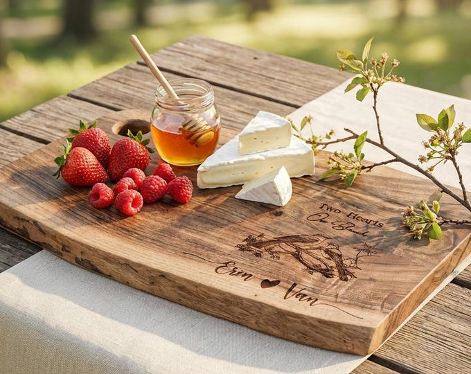 Bird Lover Gift | Personalized Cutting Board & "Two Hearts One Branch" Live Edge Wedding Present