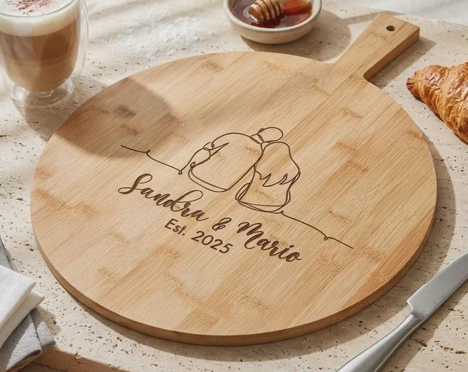 Personalized Bamboo Pizza Board for Couples, Custom Line Art Pizza Peel, Wedding Gift